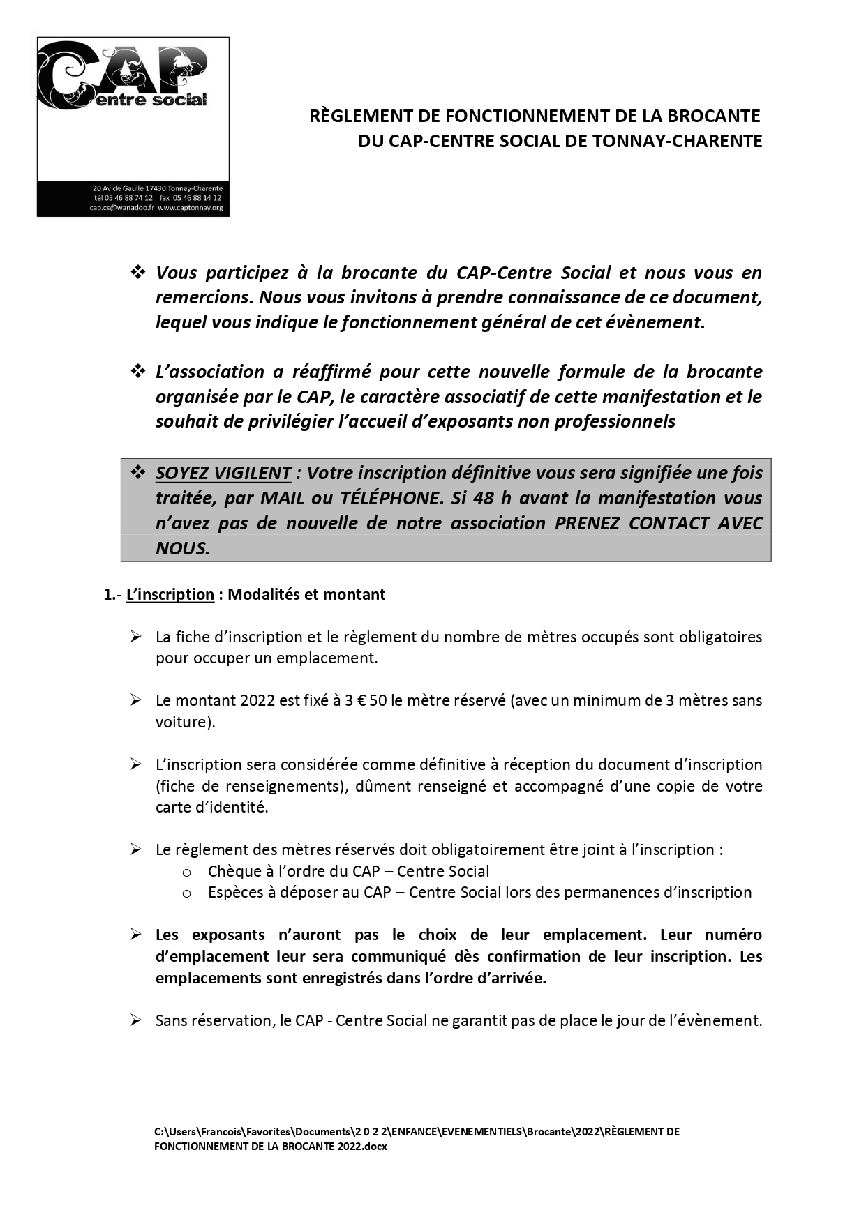 RÈGLEMENT DE FONCTIONNEMENT DE LA BROCANTE 2022 page 0001
